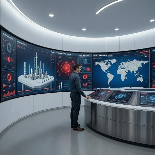 Photorealistic cinematic shot of a high-tech modern Project Management Center for the oil and gas industry. The scene features a sophisticated command center with a large, seamless curved digital dashboard displaying complex real-time data visualizations, 3D digital twins of industrial infrastructure, and global logistics maps. A professional operator is seen from a side profile, interacting with a sleek, minimalist touch-interface console. The environment is a spacious, premium corporate interior with a focus on clean lines and architectural precision. Color palette: dominant crisp white, deep graphite, and cool architectural grey, with vibrant red accents used strategically for critical data points and interface highlights. Lighting: soft ambient recessed LED lighting combined with the cool glow from large high-resolution screens, creating a sense of depth and advanced technology. Composition: wide-angle perspective with a shallow depth of field, emphasizing the scale of the digital platform and the seamless integration of control systems. Mood: professional, cutting-edge, efficient, and futuristic. High-end architectural photography style, 8k resolution, highly detailed textures of brushed metal and glass.