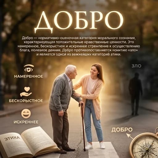ВЫВОД: Добро — это нормативно-оценочная категория морального сознания, которая характеризует положительные нравственные ценности. Это намеренное, бескорыстное и искреннее стремление к осуществлению блага, полезного деяния. Добро противопоставляется понятию «зло» и является одной из важнейших категорий этики. текст будет на русском