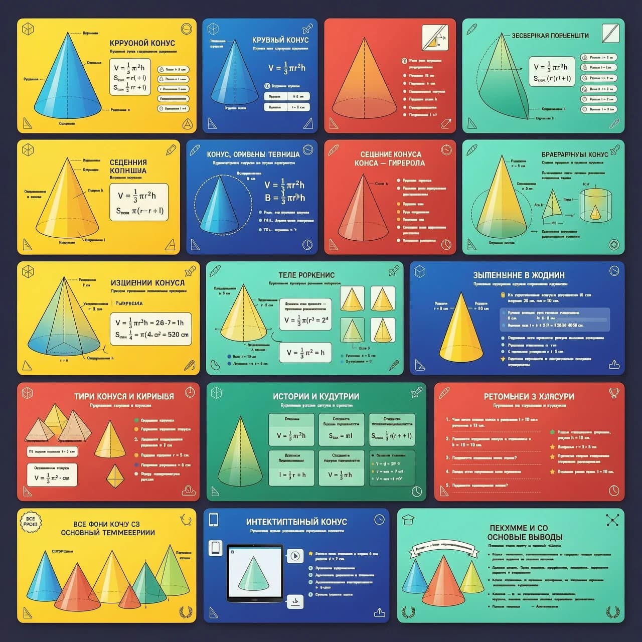 Create a series of 16:9 cards for a math teacher on the topic of cones. Use bright colors and 3D shapes.