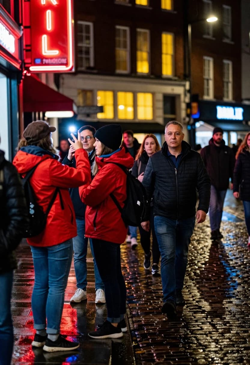 Realistic street-photo style, 35mm lens, f/2.2, night in the Red Light District with a lively but not over-the-top crowd. In the foreground, a group of tourists in bright jackets stops to look at a red neon sign; one person is taking a photo with their phone, the flash briefly interrupting the red glow. Behind them, a local walks through the frame, completely unfazed by the neon and the crowd — their face is calm and neutral, their stride steady. The red neon is bright but not blinding; it mixes with the cooler streetlights and the yellow windows, creating a layered, lived-in palette. The cobblestones are wet and glossy, reflecting the lights in streaks. The composition feels candid, like a moment stolen from the city’s night pulse: the excitement of visitors meets the quiet routine of the locals. High attention to textures: wet stone, fabric, metal, glass, skin tones. Mood: vibrant, urban, slightly ironic, full of life and contrast.
Keywords: red neon sign, tourist group, local passerby, layered city lighting, wet cobblestone reflections, candid urban moment, realistic textures, documentary realism, sense of contrast and coexistence.