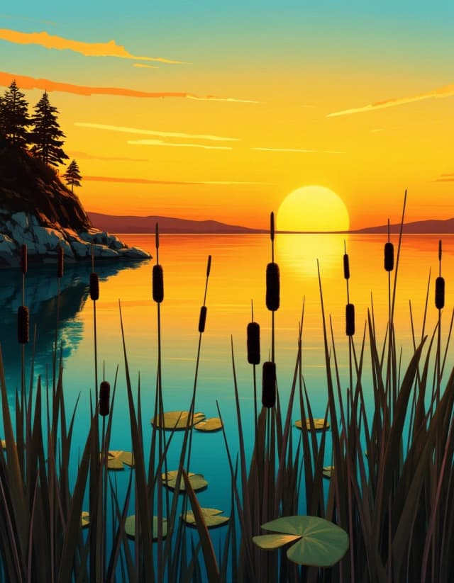 zidiusArt, A painterly Art Nouveau-inspired landscape of a tranquil marsh at sunset. The sky glows with warm gradients of orange, yellow, and peach, reflecting beautifully in the calm blue and turquoise water below. In the foreground, tall cattails and reeds with dark brown seed heads rise from the water alongside floating lily pads. On the left, a rocky outcrop with silhouetted trees creates depth. The water shows subtle reflections and ripples. The style features smooth, decorative qualities with stylized natural elements, rich color saturation, and a harmonious blend of warm and cool tones. Peaceful, serene mood, illustrative painting style with visible texture.