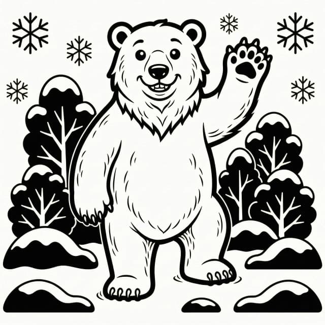 Векторное изобрашение в формате .cdr Цвет: черно-белый. Передний план: контур белого медведя, машущего лапой, стоит на трех ногах. Задний фон: кусты и сугробы