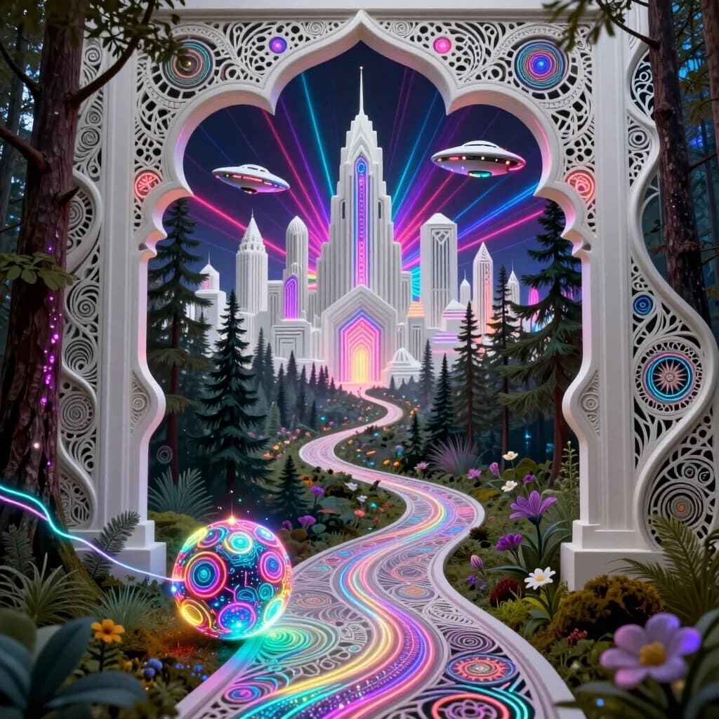 Background: a winding path leading from the forest to a white city. In the middle and far distance, a street in a futuristic ornamental white city with a (thrilling triphobic) neon pattern, spaceships, and flying saucers. Porous surfaces, zentangle, and shimmering. In the foreground, a magical forest with pine trees and flowers. A neon cybernetic ball rolls along the path. A thread from the ball. Shimmering and sparking. Glowing from the inside. Openwork metal carving, like delicate lace. Contrasting edges. Sparkling, shimmering colors. Style: Rococo, Neo-Rococo, Baroque, Mudéjar, light oriental motifs, Art Nouveau. High quality and detailed work. Baroque curves. Fascinating contrasting image. Attracts the eye. Play of light. Depth and volume. Art Deco, Gothic. In the style of Andrew Jones, Julie Dillon, David Gallchatt, Josephine Wall. Glowing patterns, bioluminescent drawing. Aetherial lighting, jewelry with details, mystical atmosphere. High detail, surrealism. Otherworldly effect, sacred geometry, futuristic tribal, rainbow, magical realism.