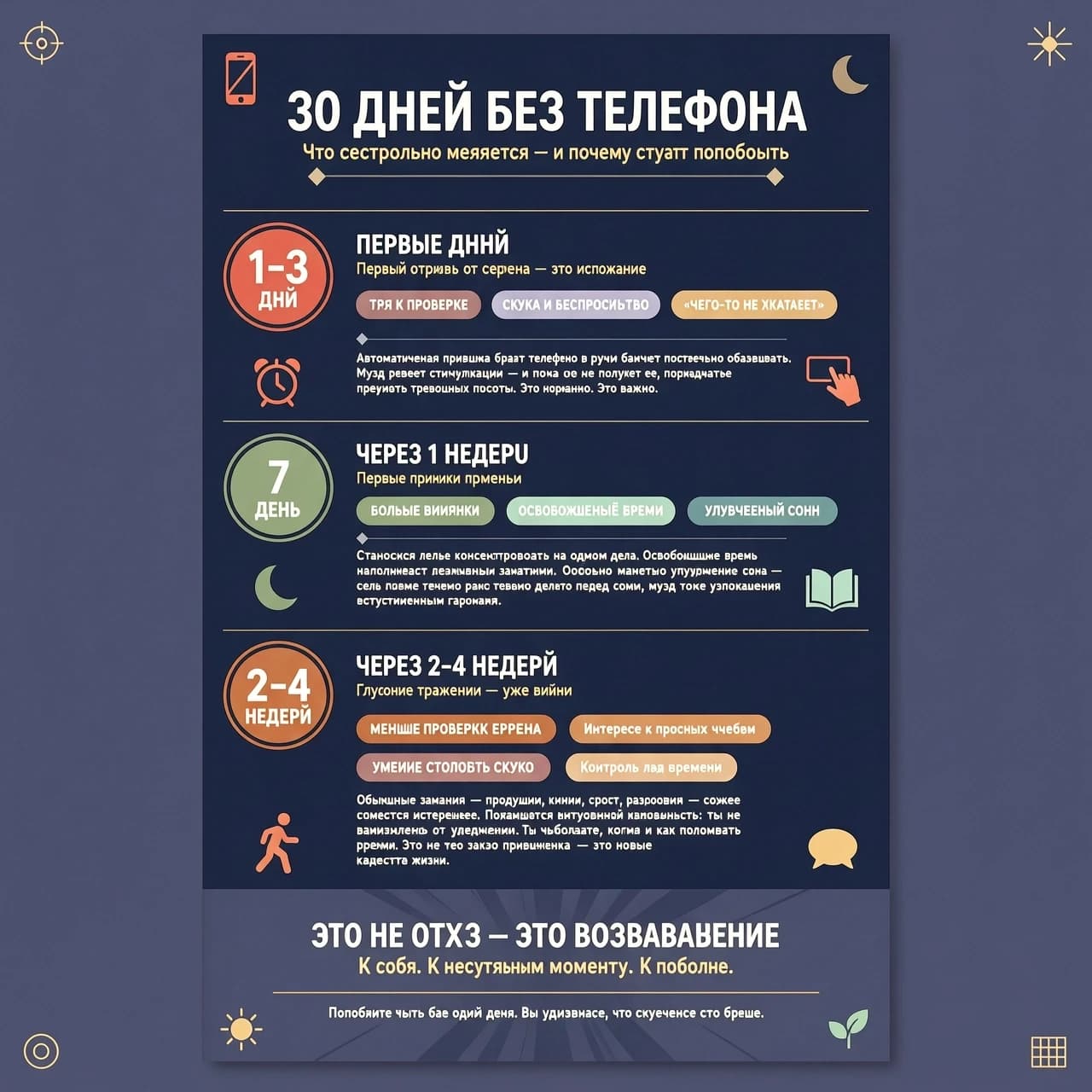 Если полностью отказаться от телефона на 30 дней, изменения могут быть довольно заметными — особенно если сейчас ты проводишь в нём много времени.

Первые 1–3 дня

Будет тянуть постоянно проверить телефон.
Может появиться скука, беспокойство или ощущение, что «чего-то не хватает».
Автоматическая привычка брать телефон в руки начнёт постепенно ослабевать.

Через 1 неделю

Станет легче концентрироваться на одном деле.
Освободится довольно много времени.
Может улучшиться сон, особенно если раньше телефон использовался перед сном.
Ты можешь заметить, насколько часто раньше отвлекался на уведомления и соцсети.

Через 2–4 недели

Снижается потребность постоянно проверять экран.
Обычные занятия — прогулки, книги, спорт, разговоры — могут снова стать интереснее.
Улучшается способность переносить скуку и заниматься делом без постоянной стимуляции.
Появляется ощущение большего контроля над своим временем.