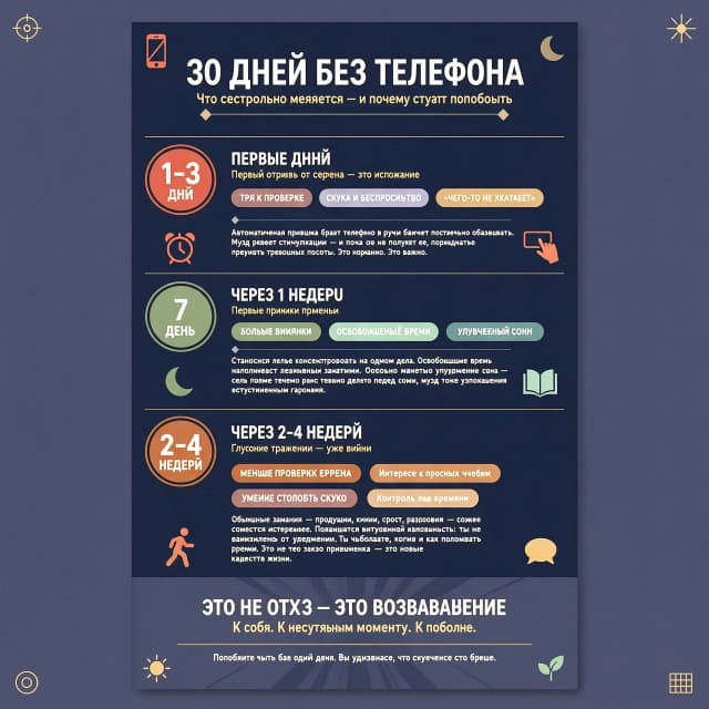 Если полностью отказаться от телефона на 30 дней, изменения могут быть довольно заметными — особенно если сейчас ты проводишь в нём много времени.

Первые 1–3 дня

Будет тянуть постоянно проверить телефон.
Может появиться скука, беспокойство или ощущение, что «чего-то не хватает».
Автоматическая привычка брать телефон в руки начнёт постепенно ослабевать.

Через 1 неделю

Станет легче концентрироваться на одном деле.
Освободится довольно много времени.
Может улучшиться сон, особенно если раньше телефон использовался перед сном.
Ты можешь заметить, насколько часто раньше отвлекался на уведомления и соцсети.

Через 2–4 недели

Снижается потребность постоянно проверять экран.
Обычные занятия — прогулки, книги, спорт, разговоры — могут снова стать интереснее.
Улучшается способность переносить скуку и заниматься делом без постоянной стимуляции.
Появляется ощущение большего контроля над своим временем.