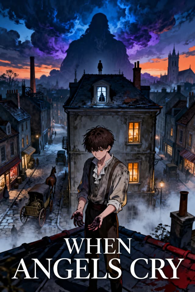 Full-color Japanese manga novel cover, dark supernatural mystery, psychological mystery, seinen manga aesthetic, cinematic anime illustration.

A young male protagonist standing alone on the rooftop of an old two-story European-inspired building. Messy dark brown hair, pale skin, tired and confused expression, simple worn clothes inspired by 18th century Europe mixed with early industrial-era fashion.

He is looking down at his own hands, which are covered with dark stains. His expression shows deep confusion, as if he has awakened inside a life that does not belong to him.

The composition is dramatic and cinematic, with the protagonist occupying the lower center of the cover.

Behind him stretches a mysterious old European city filled with narrow stone streets, old houses, horse-drawn carriages, early mechanical vehicles, chimneys and distant towers. The city is richly detailed, with warm amber lights glowing from windows and shops, contrasting with the cold evening atmosphere.

The sky is filled with deep blue and violet storm clouds mixed with fading orange light from the sunset. Enormous clouds form the barely recognizable silhouette of a gigantic supernatural figure watching over the city. Its presence remains ambiguous and hidden within the clouds, almost impossible to notice at first glance.

Behind the protagonist is an old rooftop window. In its reflection, the reflection appears subtly different from the protagonist, suggesting another identity or forgotten life.

On a distant rooftop, a tiny mysterious silhouette watches the protagonist from the shadows.

Use detailed anime linework combined with rich cinematic coloring, dramatic rim lighting, atmospheric fog, subtle volumetric light, deep shadows, beautiful color contrast, expressive eyes, detailed European architecture, cinematic perspective, visual storytelling, psychological tension, subtle supernatural elements, hidden clues, symbolic composition, sophisticated seinen manga aesthetic, dark fantasy mystery, premium Japanese manga cover illustration, high detail, polished professional artwork.

The color palette should combine deep navy blue, muted violet, cold gray, warm amber window lights, subtle crimson accents and pale golden highlights. The protagonist should stand out naturally from the darker environment.

At the bottom center of the cover, place the title:

"WHEN ANGELS CRY"

The title must be clearly readable, correctly spelled, centered horizontally, large and elegant, with dramatic classic Japanese manga and light novel typography. The title should integrate naturally into the composition without covering the protagonist's face.

Full color, cinematic anime illustration, atmospheric lighting, detailed background, dramatic composition, mysterious mood.

No additional text, no subtitle, no logo, no watermark, no signature.
