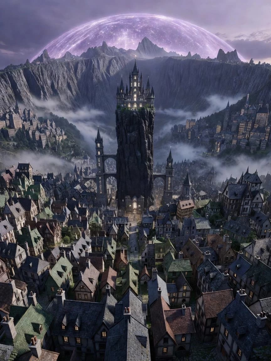 Wide angle view from the inner slope of a circular mountain ring, looking straight ahead toward the opposite mountain wall. The camera is positioned on the slope, with houses directly in front and below. The entire visible slope from foreground to center is covered with dense, chaotic medieval buildings. The city center is exactly in the middle of the frame, marked by a tall vertical rock pillar with a magical academy on top. The pillar is perfectly centered, not to the left or right. The foreground shows the nearest district rooftops in one solid color. The middle ground shows the central pillar and the academy. The background shows the opposite side of the mountain ring with more houses climbing up that slope. All 12 districts are fully built with no empty gaps or flat color patches — every district is filled with individual roofs, chimneys, and windows. A translucent purple dome connects to the mountain peaks overhead. Photorealistic fantasy, highly detailed architecture, misty atmosphere, 8k.