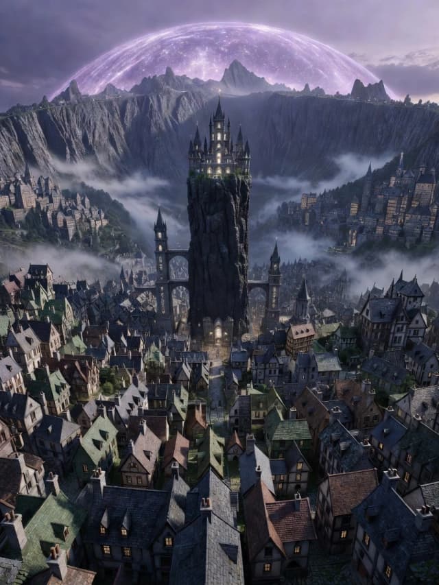 Wide angle view from the inner slope of a circular mountain ring, looking straight ahead toward the opposite mountain wall. The camera is positioned on the slope, with houses directly in front and below. The entire visible slope from foreground to center is covered with dense, chaotic medieval buildings. The city center is exactly in the middle of the frame, marked by a tall vertical rock pillar with a magical academy on top. The pillar is perfectly centered, not to the left or right. The foreground shows the nearest district rooftops in one solid color. The middle ground shows the central pillar and the academy. The background shows the opposite side of the mountain ring with more houses climbing up that slope. All 12 districts are fully built with no empty gaps or flat color patches — every district is filled with individual roofs, chimneys, and windows. A translucent purple dome connects to the mountain peaks overhead. Photorealistic fantasy, highly detailed architecture, misty atmosphere, 8k.