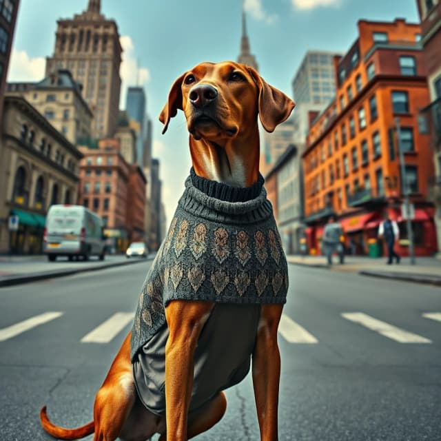 intricate details, knee level shot of a lanky (Rhodesian Ridgeback:1.2) , Fantasy, it is dressed in Cropped sweater and midi skirt, its Cropped sweater and midi skirt is inspired by the Muppet show, cityscape, abstraction, juxtaposition, mastery of line and form, imaginative concepts, stylized by Paula Rego, Tim Okamura, beautiful detailed supreme quality color intricate, dynamic composition, fertile, fabulous colors