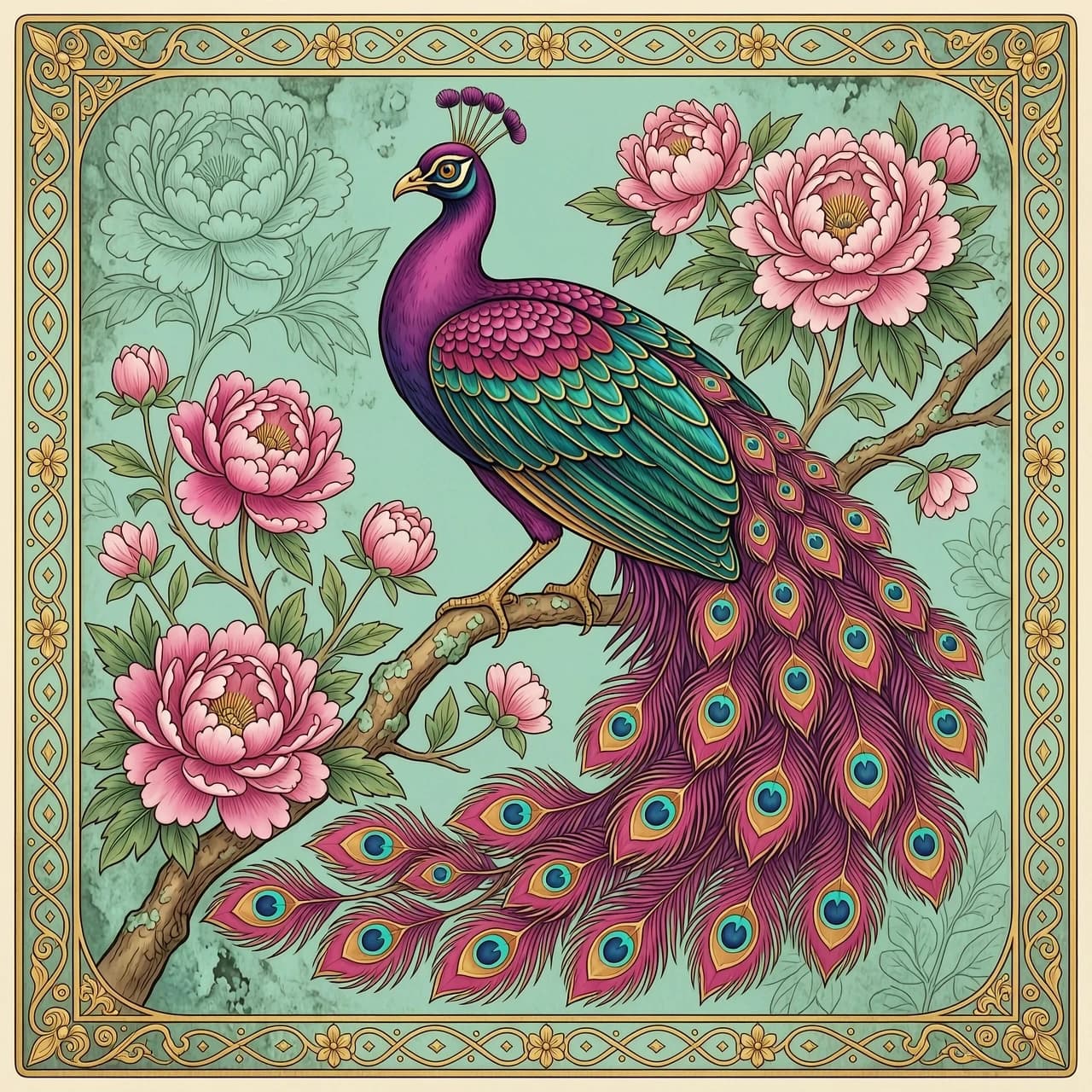 Vintage art nouveau illustration, an elegant majestic peacock in vibrant magenta and fuchsia plumage with teal metallic accents on its wings, perched on a branch. Its flowing tail features large ornate ocelli with turquoise centers and golden rims. Surrounded by large lush pink peony flowers and delicate branches with small pink blossoms. The background is a textured, weathered patina-style mint teal canvas. Framed by an ornate thin gold filigree border with intricate decorative corner motifs. Romantic, highly detailed, botanical etching style, soft diffused lighting, elegant composition, 8k --ar 1:2
