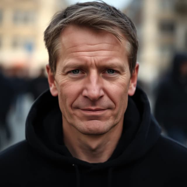 Случайный любительский снимок на смартфон, портрет 35-летнего русского мужчины со сдержанной, легкой полуулыбкой, губы сомкнуты. Асимметричные черты лица, естественная текстура кожи с видимыми порами и небольшими природными несовершенствами. Слегка растрепанные волосы, одет в обычное черное худи. Стиль любительской фотографии, снято на iPhone, естественный дневной свет, мягкие тени, размытый повседневный фон улицы. Без ретуши, гиперреалистичный вид.