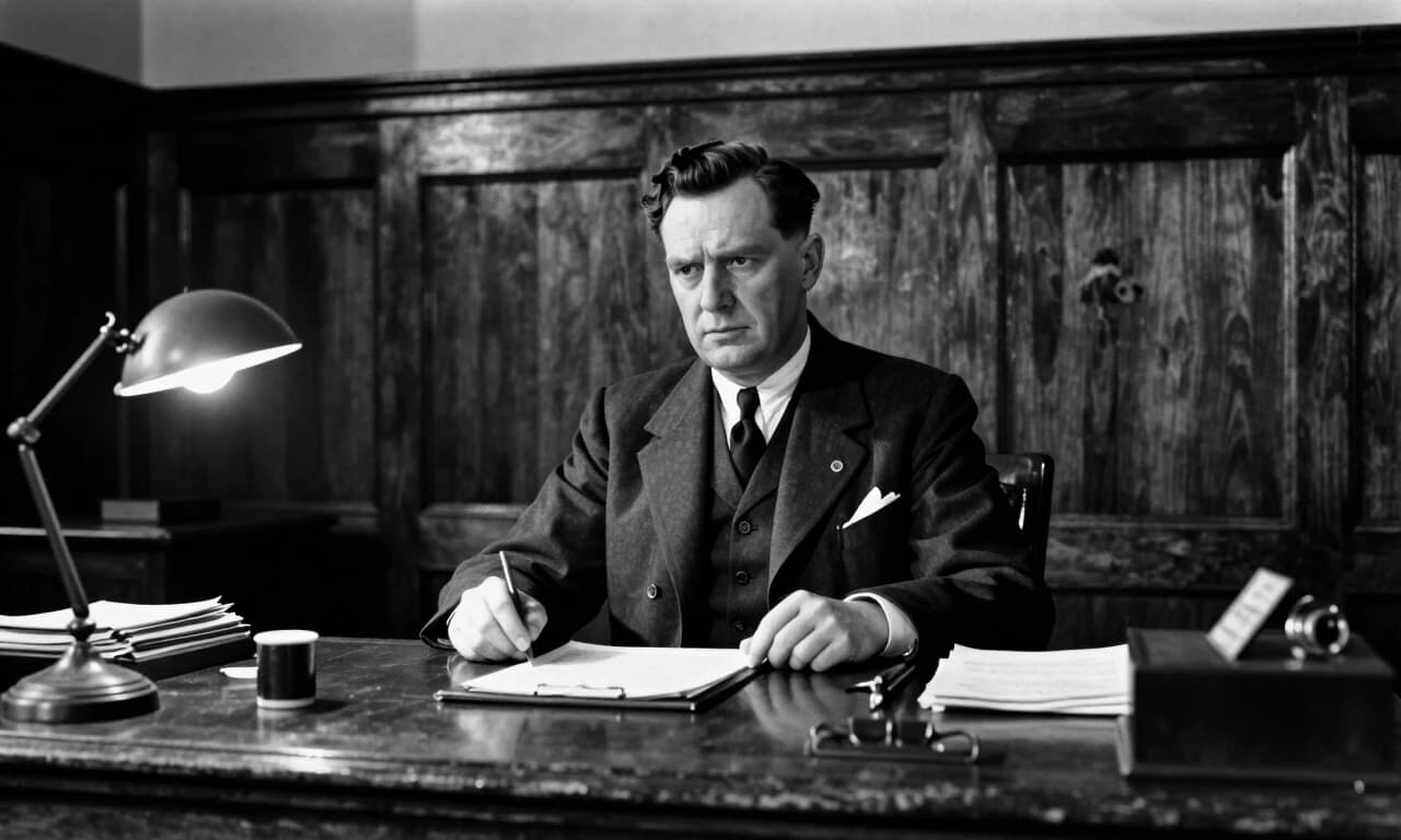 1940s British embassy office interior, stern officer behind desk, wood panelling, black and white film noir lighting