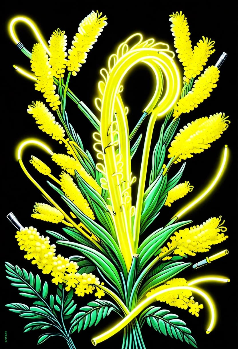 A realistic yellow flexible LED neon tube is physically placed on top of the mimosa flowers. Glowing electric neon line, real glass neon pipe glowing with bright yellow light attached to the flower bouquet, high contrast graphic lines, tangible commercial neon sign object