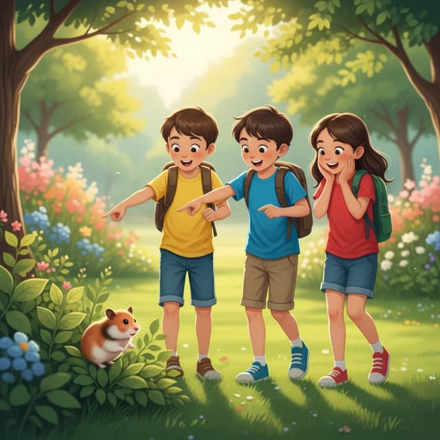 A group of 3 kids (two boys and a girl) wearing colorful t-shirts are walking in a sunny park. They suddenly spot a tiny brown hamster sitting near a bush. The kids look surprised and happy. Style:  bright colors, soft shadows. --ar 3:2, фотореализм