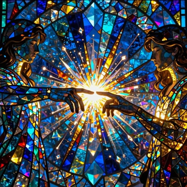 Symmetrical cinematic shot of two people's hands almost touching during a first date show. Use "Luminous Crystal Mosaic Style": the entire scene is a surreal stained-glass masterpiece made of millions of tiny iridescent crystals and colored glass tesserae. A violent explosion of light occurs at the center where their fingers meet, sending prismatic shards flying in all directions. Deep contrast between cold neon sapphire tones and burning molten gold. Volumetric lighting piercing through translucent glass, creating rainbow refractions. Internal glow emanating from the characters' silhouettes. Hyper-detailed textures of precious faceted glass, sharp edges, crystalline depth, 8k, breathtaking color palette.