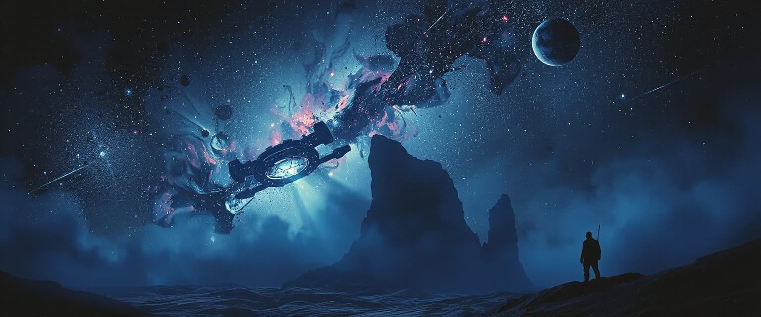 Deep space gaming banner background, dark galaxy nebula with cosmic dust, subtle futuristic space station silhouette, glowing stars, blue and purple ambient light, cinematic wallpaper, 8k --ar 16:9