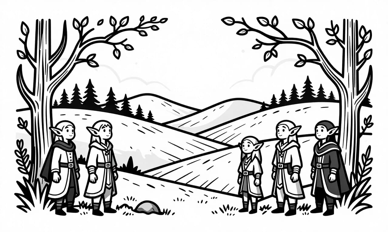 Векторный черно-белый рисунок на эльфийскую тематику. Пейзаж с эльфами