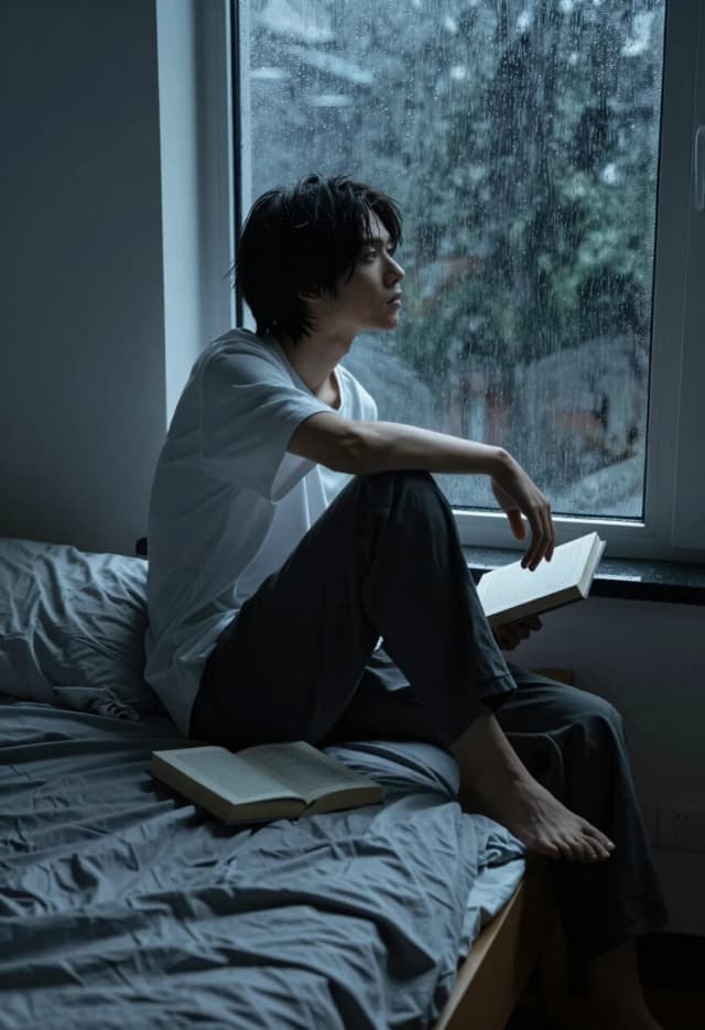 A hyper-realistic shot of a person sitting on the edge of an unmade bed in a dimly lit room during a grey rainy day. The person is staring thoughtfully at the window, shoulders slightly slumped, holding a book in one hand. Detailed texture of wrinkled grey sheets, a discarded pillow, and raindrops streaking the glass window in the background. Cold blue and grey tones, cinematic composition, 8k, shot on 85mm lens, extreme detail of fabric and skin, melancholic atmosphere, sharp focus on the person's contemplative expression.