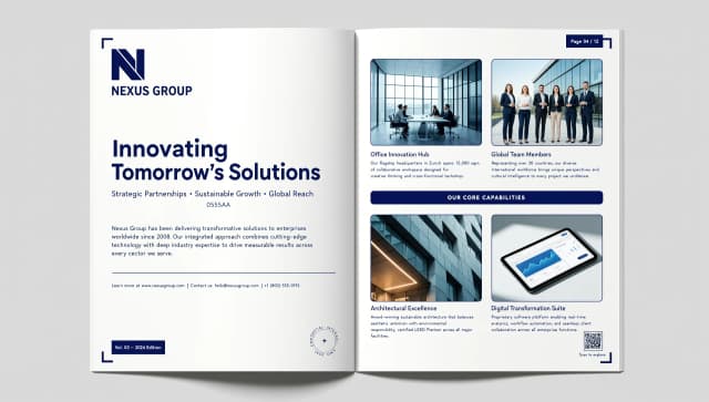 a4 album layout colors: blue, white draw a mockup of two pages, left page - company logo top left, below it a title, below it a subtitle, further below a text block on the right page 4 images with small callouts with text descriptions