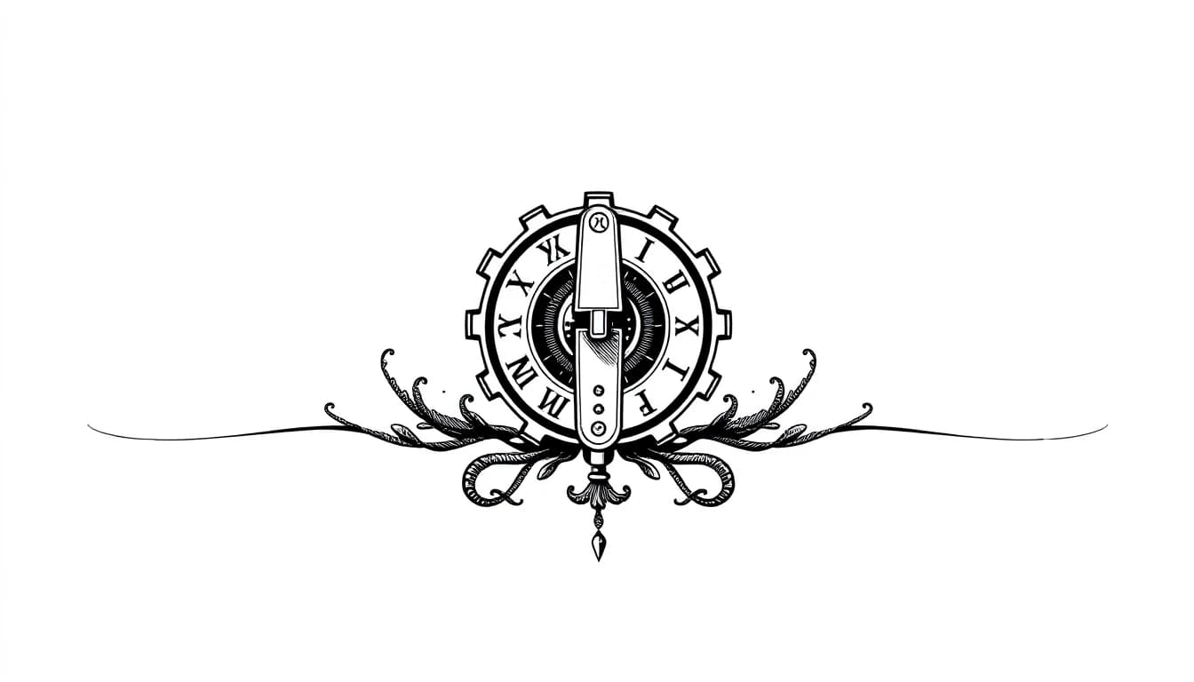 A symmetrical book chapter divider element, isolated on a solid white
background. In the exact center, there is a tiny, elegant mechanical gear shift
lever ornament with glowing mystical rune symbols carved around its base.
Delicate, thin waves and stylized sea kelp lines spread out horizontally to the
left and right from the center. Black and white ink line art, clean silhouette,
engraving style, sharp details, vector icon.
