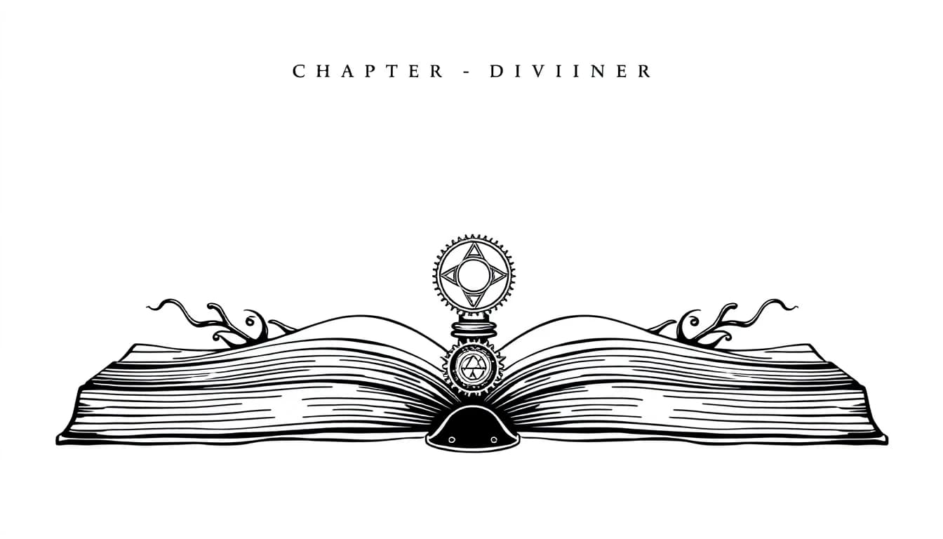 A symmetrical book chapter divider element, isolated on a solid white
background. In the exact center, there is a tiny, elegant mechanical gear shift
lever ornament with glowing mystical rune symbols carved around its base.
Delicate, thin waves and stylized sea kelp lines spread out horizontally to the
left and right from the center. Black and white ink line art, clean silhouette,
engraving style, sharp details, vector icon.