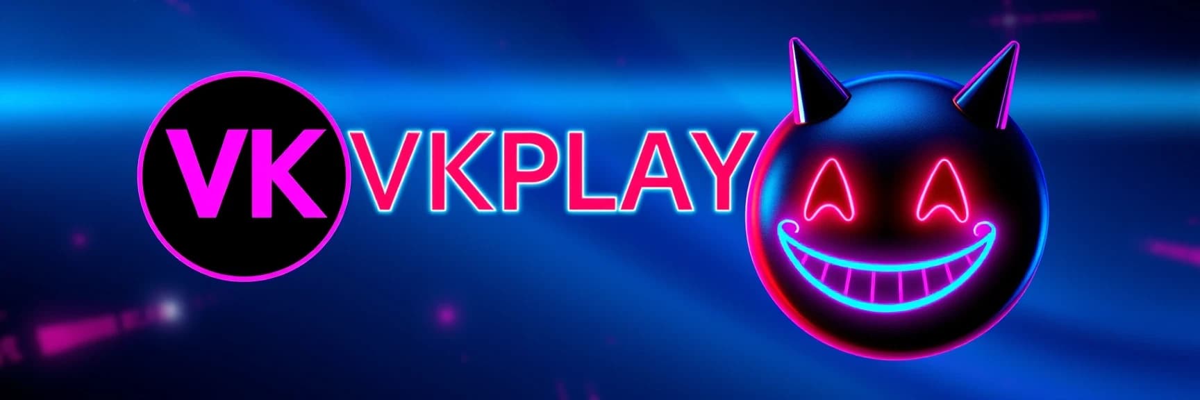 создай изображение, слева логотип VKPLAY справа изображение смайлик Red-John-Smiley-Face на фоне с градиентным  переходом светлых оттенков синего