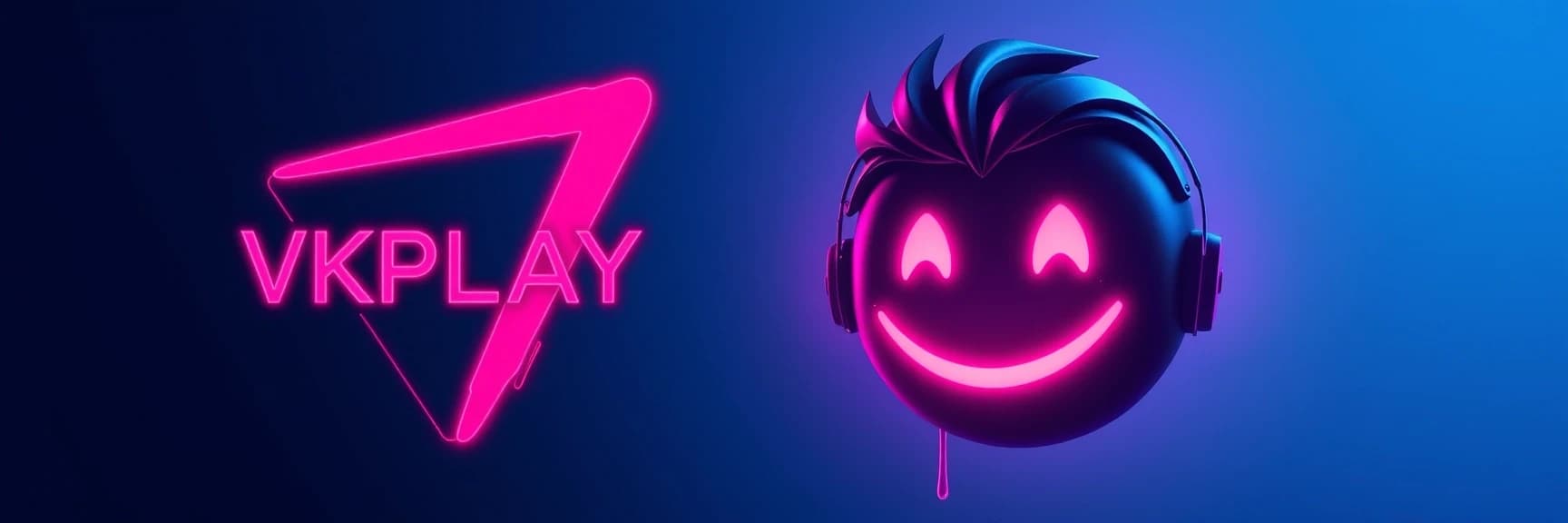 создай изображение, слева логотип VKPLAY справа изображение смайлик Red-John-Smiley-Face на фоне с градиентным  переходом светлых оттенков синего