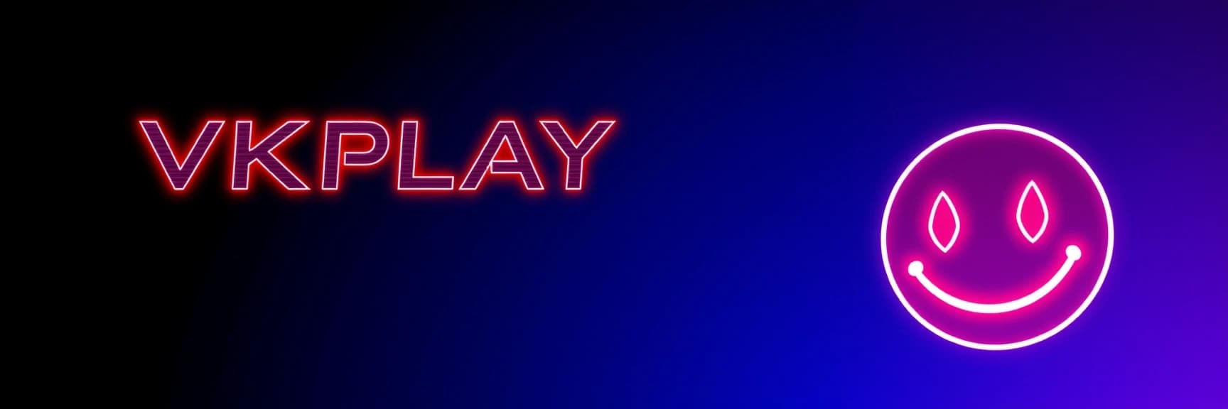 создай изображение, слева логотип VKPLAY справа изображение смайлик Red-John-Smiley-Face на фоне с градиентным  переходом светлых оттенков синего
