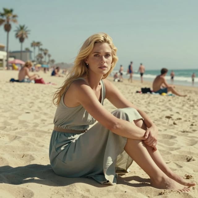A blonde woman with light brown eyes is sitting on the beach on a sunny day. The beach is full of people; there are no palm trees. The girl is wearing a long dress. The sand is yellow. Photorealistic cinematic film-noir