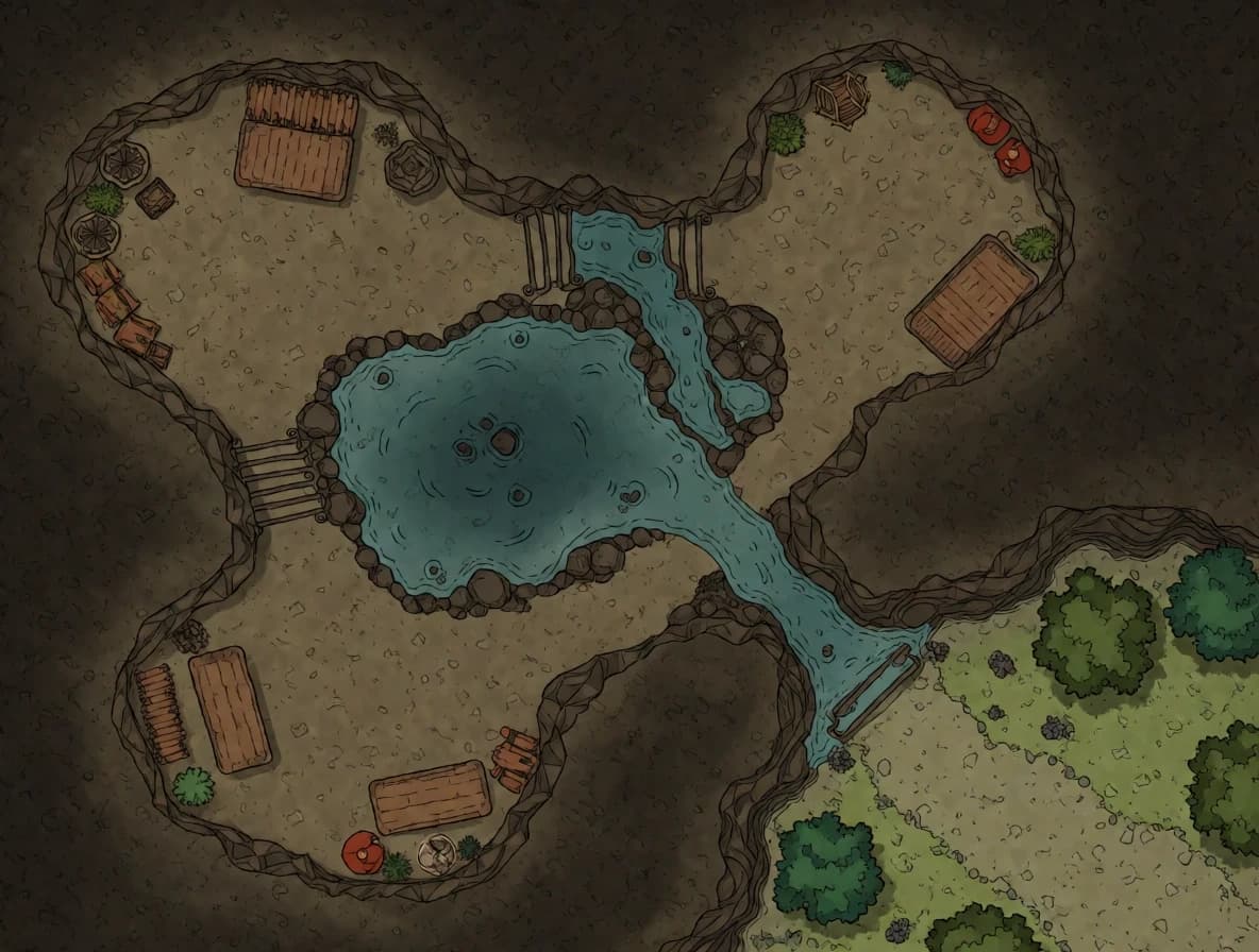 A top-down view of a cave map for a DND game. The map depicts a cave with three interconnected spaces. A lake flows through the cave, through which a stream flows, and out into a grove. Drawn in the DND style.