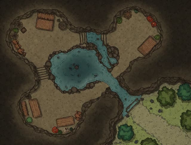 A top-down view of a cave map for a DND game. The map depicts a cave with three interconnected spaces. A lake flows through the cave, through which a stream flows, and out into a grove. Drawn in the DND style.