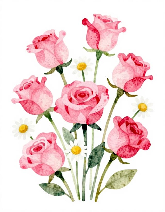 A masterpiece. Create an image. Style watercolor painting: ((Style: naive art - primitive, splint painting Mitkov, minimalism - image - pink roses and wild white daisies)):1.6, clear edges, clear textures, volumetric composition, studio lighting, author's style, 8k resolution. High detail and clear texture. Intense close-up. High quality. Increased attention to small details. The aspect ratio is 3:4.