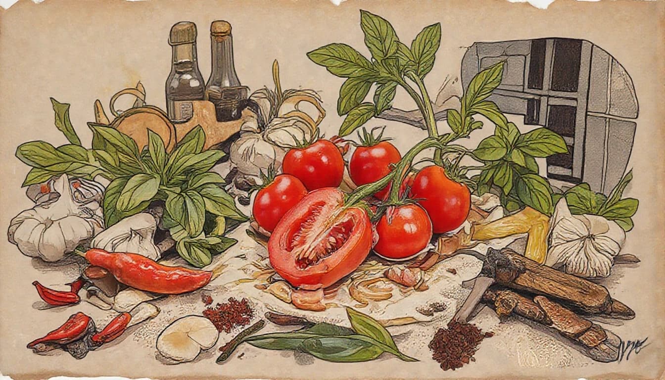 Фронтальный вид  с боку. Старая бумага.  Tomatos, basilik, чили перец, чеснок, пряности, специи.