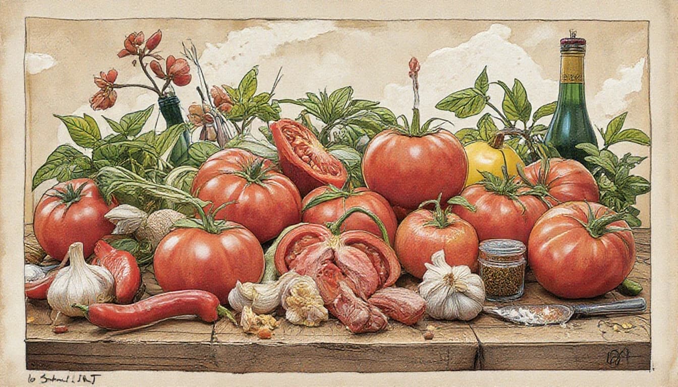 Фронтальный вид  с боку. Старая бумага.  Tomatos, basilik, чили перец, чеснок, пряности, специи.