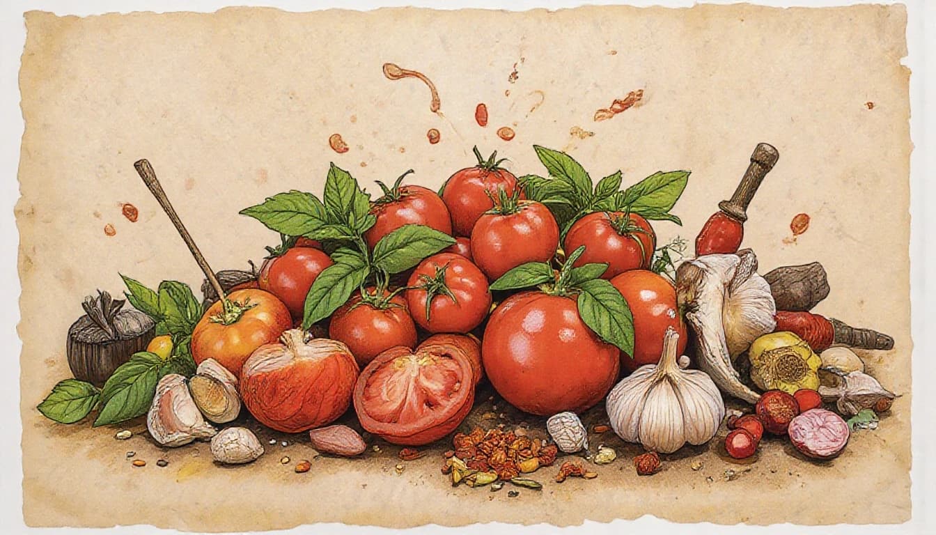 Фронтальный вид  с боку. Старая бумага.  Tomatos, basilik, чили перец, чеснок, пряности, специи.