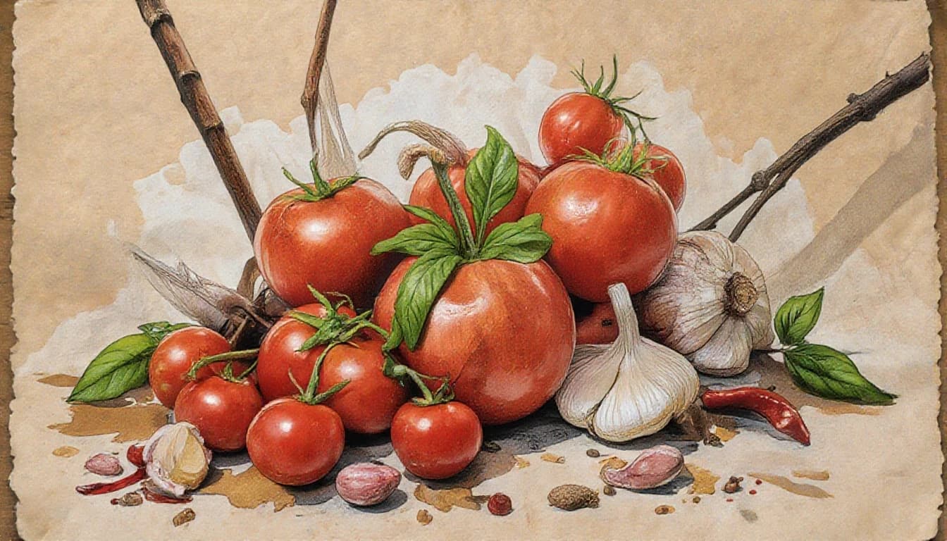 Фронтальный вид  с боку. Старая бумага.  Tomatos, basilik, чили перец, чеснок, пряности, специи.