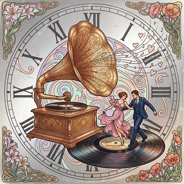 A complex, highly detailed digital image in the style of double exposure, thick contour lines. The entire background features a transparent antique dial with Roman numerals (I–XII), made in a silver‑gray scale with a slight scuff effect. On top of the dial is a large translucent gramophone in warm sepia, decorated with vintage patterns; its horn is pointing to the right. Thin contours of hearts and tiny musical notes fly out of the mouthpiece, disappearing into the air. A couple (man and woman) in Art Nouveau outfits are dancing on a rotating gramophone record (color version:1:4): a woman in a long flowing dress with asymmetrical drapery, pastel pink shade; The man is in a formal suit with a narrow tie, dark blue in color. The pair is depicted in colored strokes, as if projected onto the surface of the plate. Background behind the dial and gramophone: psychedelic flowing ornaments, spirals and curved lines in pastel colors (mint, lavender, peach) on a silver gradient. At the corners of the composition are intricate ornaments in the spirit of Alphonse Mucha (stylized flowers and swirls). Atmosphere: nostalgia, memories, magical realism. The style is a synthesis of the aesthetics of an old album and a surreal symphony. Artists: Alphonse Mucha (ornamentation, plastic shapes) and Gustave Doret (tonal depth, graphic clarity). High quality, detailed, contrasting contours, the play of light and shadow.