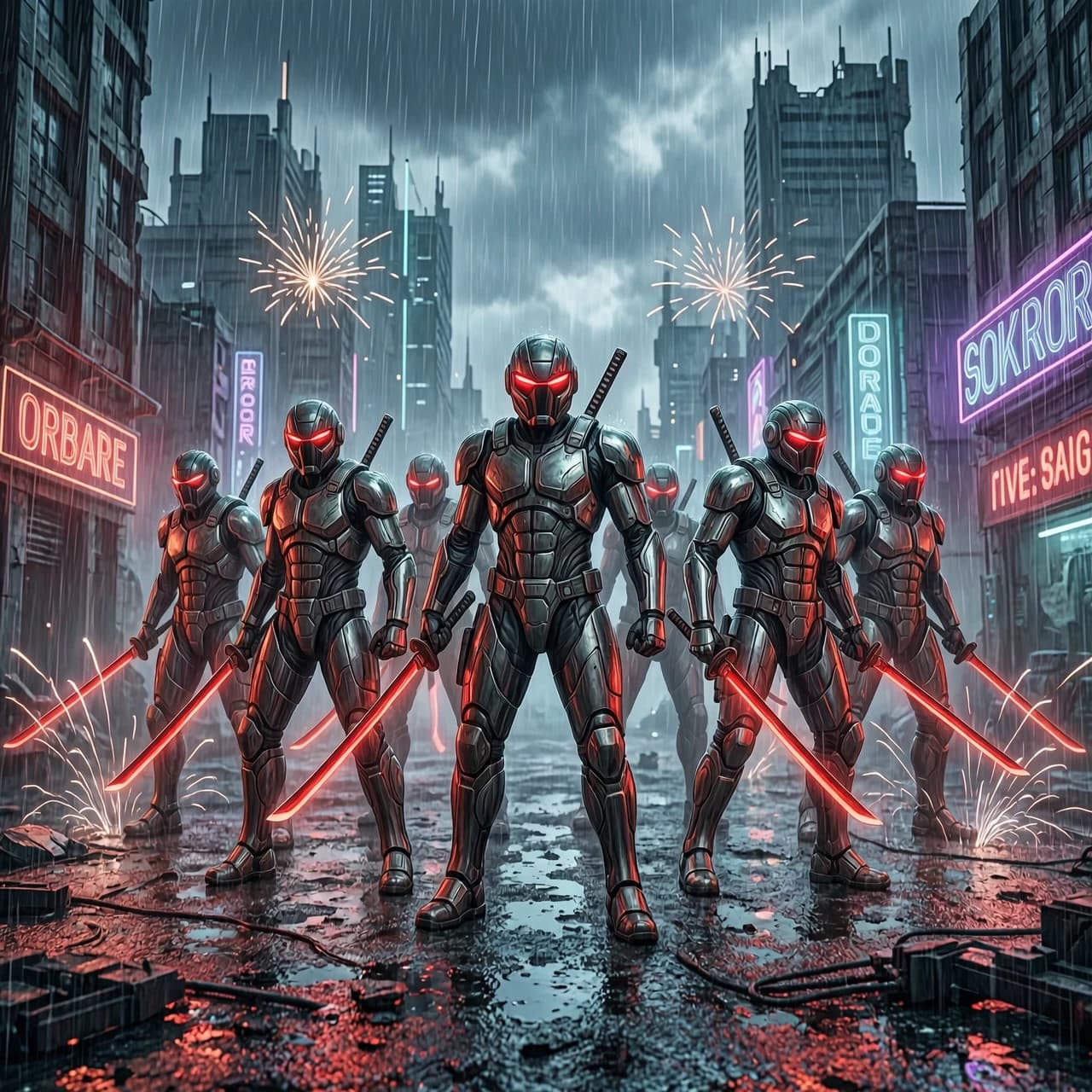 Group of futuristic cyber-samurai warriors walking through a heavy neon rain, high-tech battle armor, glowing red katana blades, aggressive stance, ruined cyberpunk city background, cinematic wide shot, electric sparks, grit and grime, hyper-realistic, intense atmosphere.