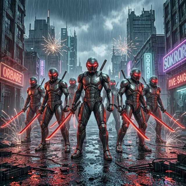 Group of futuristic cyber-samurai warriors walking through a heavy neon rain, high-tech battle armor, glowing red katana blades, aggressive stance, ruined cyberpunk city background, cinematic wide shot, electric sparks, grit and grime, hyper-realistic, intense atmosphere.
