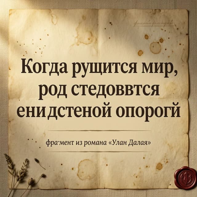 «Сильные строки».
Цитата (крупно, по центру): «Когда рушится мир, род становится единственной опорой».
Оформление: шрифт с засечками для цитаты, фон — текстура пергамента или ткани.
Подпись под цитатой (мелким шрифтом): фрагмент из романа «Улан Далай».
Смысл слайда: эмоциональный акцент, который запоминается.