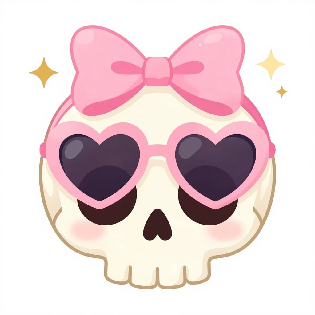 adorable summerween skull clipart, cute round ivory skull head, pink heart sunglasses, oversized pink bow, pastel beach halloween aesthetic, tiny gold sparkles, sweet spooky style, soft watercolor illustration, blush pink aqua and cream palette, kawaii coquette style, isolated on pure white background, transparent PNG look, skull head only, no body, no text