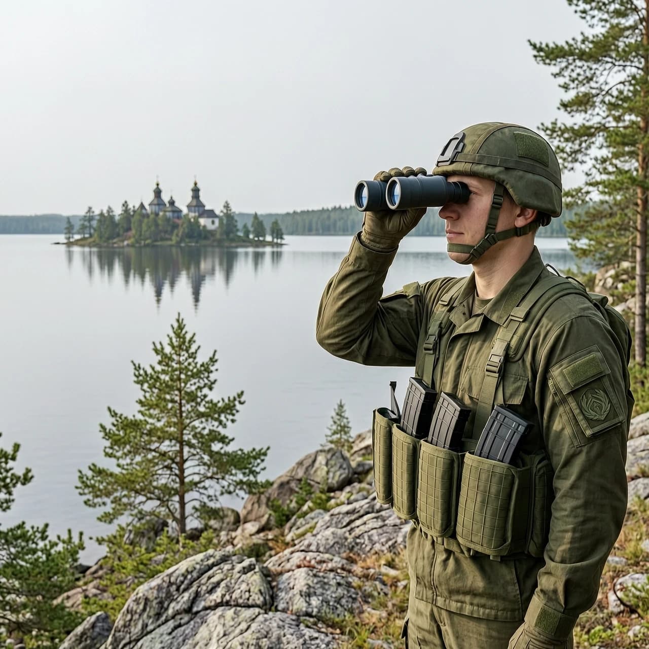 Реалистичное изображение, 8k, фотореализм. С правой стороны российский военнослужащий в современной полевой форме установленного образца, разгрузке МРС (модульная разгрузочная система)  с автоматными 
магазинами  и тактическом шлеме. Он   смотрит армейский бинокль  вправо, выше линии горизонта.. Выражение лица собранное, спокойное. Форма без избыточных декоративных элементов; шевроны   полностью отсутствуют. Фон: карельский пейзаж — скалистый берег, хвойные деревья, озеро. Вдалеке — узнаваемый силуэт острова Кижи с куполами церквей. Освещение естественное, дневное, рассеянный свет, лёгкая атмосферная дымка. Высокая детализация: складки на ткани, текстура шлема, отражения на линзах бинокля. Никаких лишних надписей, флагов, логотипов и нероссийских символов.