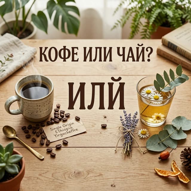 Фотореалистичный уютный постер в стиле hygge: вид сверху на деревянную столешницу. Слева —  кружка с кофе и кофейными зёрнами, справа — стакан с чаем, ромашка и листья. Тёплое мягкое освещение, пастельная гамма (бежевый, оливковый, коричневый), размытый фон с зелёными растениями.

Текст: вверху — «КОФЕ ИЛИ ЧАЙ?», в центре — «ИЛИ».Шрифты декоративные, контрастные, читаемые, не перекрывают предметы. Высокая детализация, эстетика wellness-блогов.