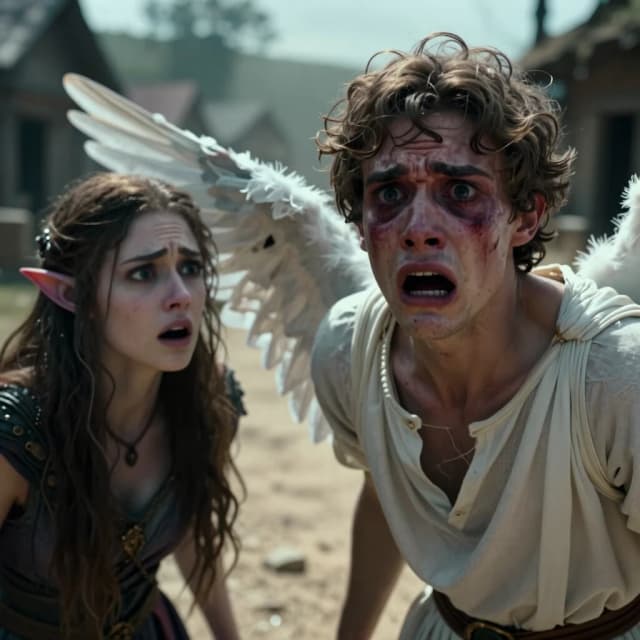 > Cinematic intense close-up. A young male angel, Arin-gil, with a face frozen in pure terror and panic, eyes wide with desperation. Next to him, a beautiful young female tiefling, Agnessa, looking confused and startled by his sudden outburst. The background is blurred, showing a dusty village road, but the atmosphere is heavy with sudden dread. Dramatic lighting with sharp shadows, high emotional tension, hyper-realistic facial expressions, 8k resolution, storytelling photography style.Вариант №2: «Мистический разлом» (Фокус на видении смерти и нитях судьбы)