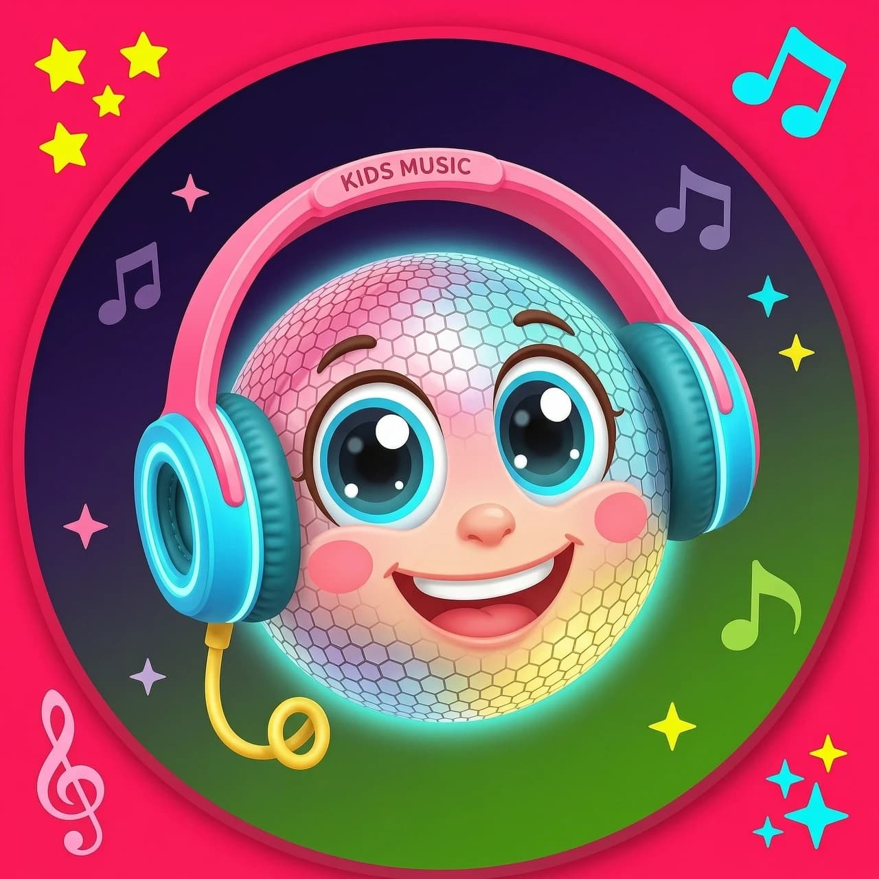 A minimalist, high-contrast circular avatar icon for a children's music channel. In the center, a cute 3D cartoon disco ball character with big friendly eyes and a happy smile, wearing big bright neon headphones. Vibrant neon pink, cyan, and yellow colors. Dark purple gradient background with subtle musical note silhouettes. Bold shapes, studio lighting, smooth 3D Pixar style. Zero tiny details, highly visible as a tiny mobile icon, clean composition.