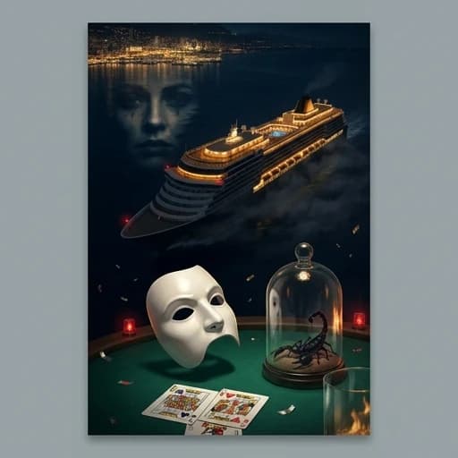 Book cover for a Russian-language psychological detective thriller. Vertical 2:3 composition. Cinematic digital painting in a high-end noir style. A luxurious Mediterranean cruise liner at night, viewed from a high-angle perspective, drifting through the deep, ink-black waters of a winter sea near the shimmering, distant golden lights of Monte Carlo. The ship is an imposing silhouette of elegance and hidden menace: the upper decks glow with a warm, opulent amber light, while the lower decks dissolve into thick, smoke-like shadows. 

In the sharp foreground, a dramatic still life: a single, pristine white porcelain theatrical half-mask floats weightlessly above a deep emerald green felt poker table. Beside it, the dark, menacing silhouette of a black scorpion is visible inside a glass terrarium. Two playing cards lie on the felt: the King of Spades and the King of Hearts, with a Joker card partially tucked beneath them. The surface of the dark water below reflects a haunting, distorted human face, blending reality with psychological dread. 

Lighting: Dramatic chiaroscuro, with warm gold highlights clashing against midnight navy shadows. Small, piercing crimson emergency lights and glints of silver confetti provide sharp accents. Subtle reflections of fire dance within the glass elements. Mood: Expensive, tense, psychological suspense, winter glamour, and noir mystery. Palette: Midnight navy, emerald green, old gold, ivory white, and controlled crimson. Composition: Uncluttered, leaving clean, atmospheric space