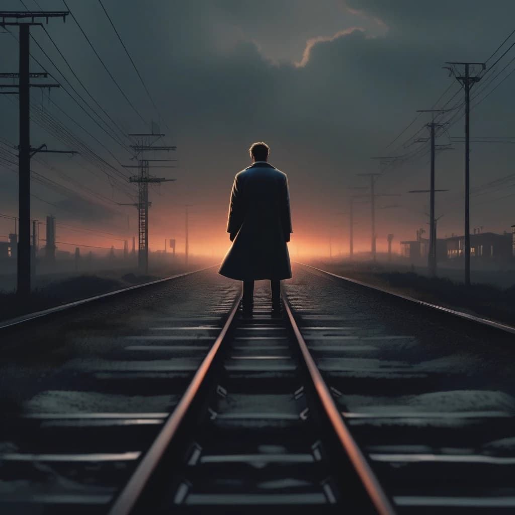 A lonely man sitting on railway tracks at sunset, cinematic lighting, dark moody atmosphere, fog in the distance, dramatic sky, emotional mood, urban melancholy, realistic photography style, shallow depth of field, album cover
