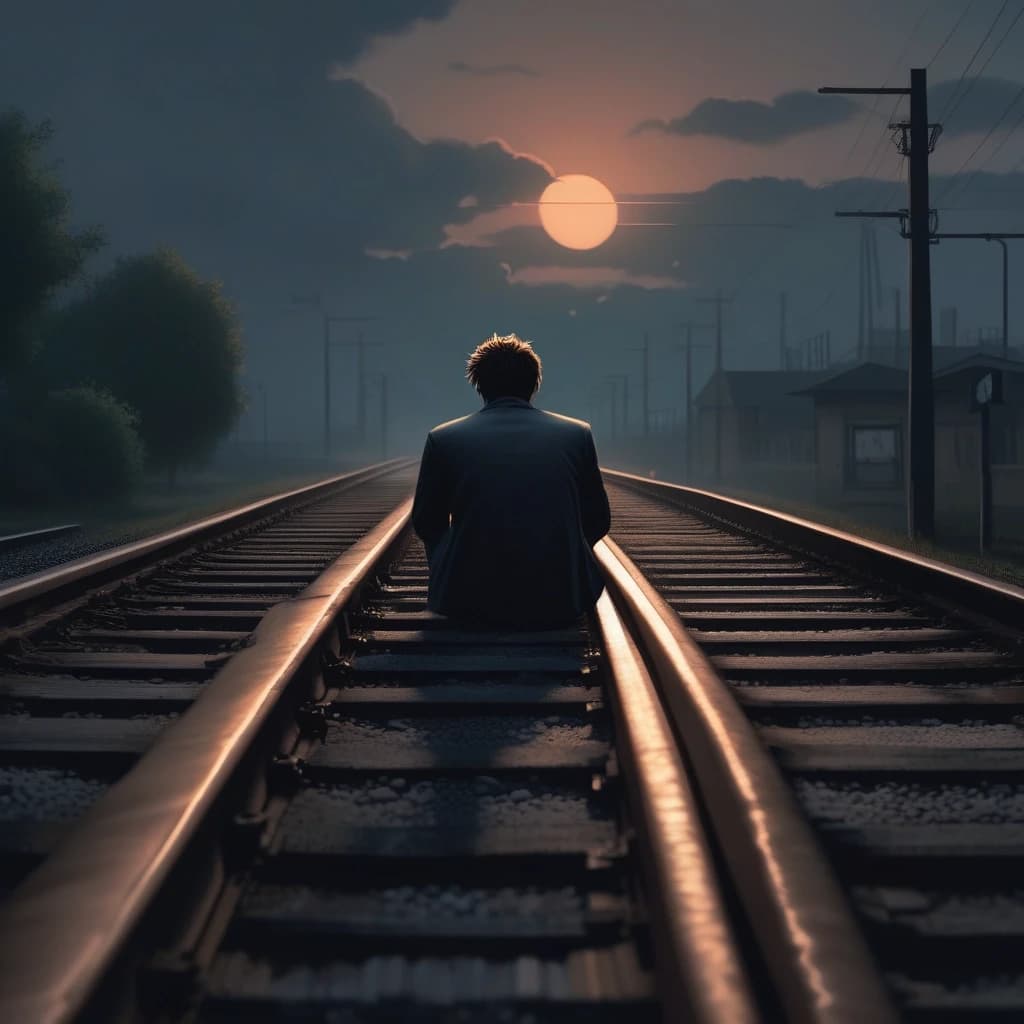 A lonely man sitting on railway tracks at sunset, cinematic lighting, dark moody atmosphere, fog in the distance, dramatic sky, emotional mood, urban melancholy, realistic photography style, shallow depth of field, album cover