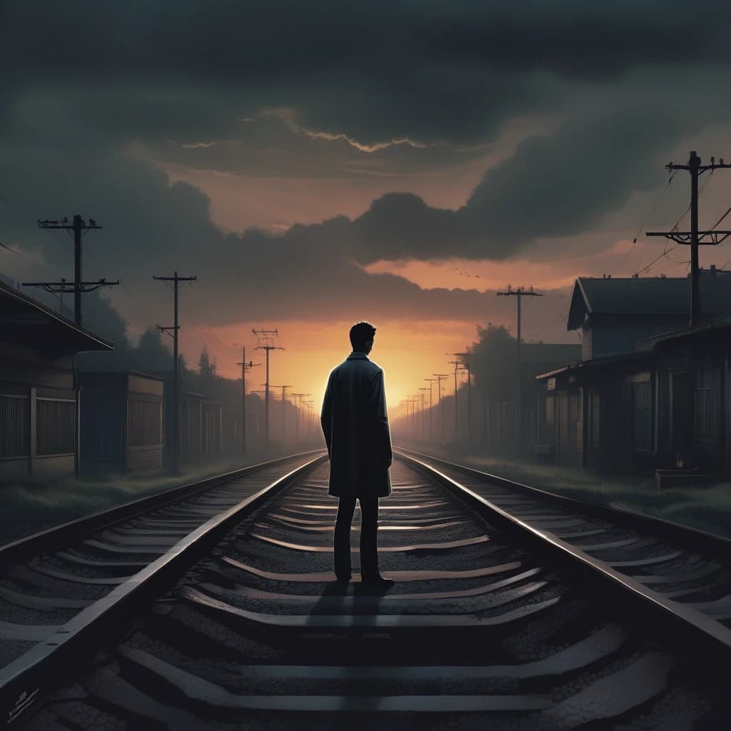 A lonely man sitting on railway tracks at sunset, cinematic lighting, dark moody atmosphere, fog in the distance, dramatic sky, emotional mood, urban melancholy, realistic photography style, shallow depth of field, album cover