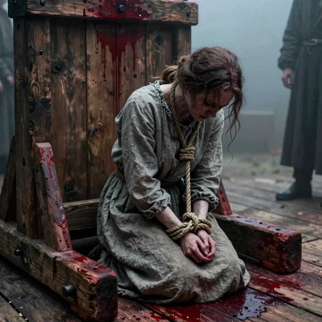 a pale, trembling woman kneeling in submission before a massive, blood-stained wooden execution block, her head bowed, hands bound tightly with rough hemp rope, coarse grey linen shift, cold morning mist clinging to the wooden planks, oppressive atmosphere, high-contrast dramatic lighting, muted earth tones, cinematic grit, 35mm lens, masterpiece, ultra-detailed, 8k